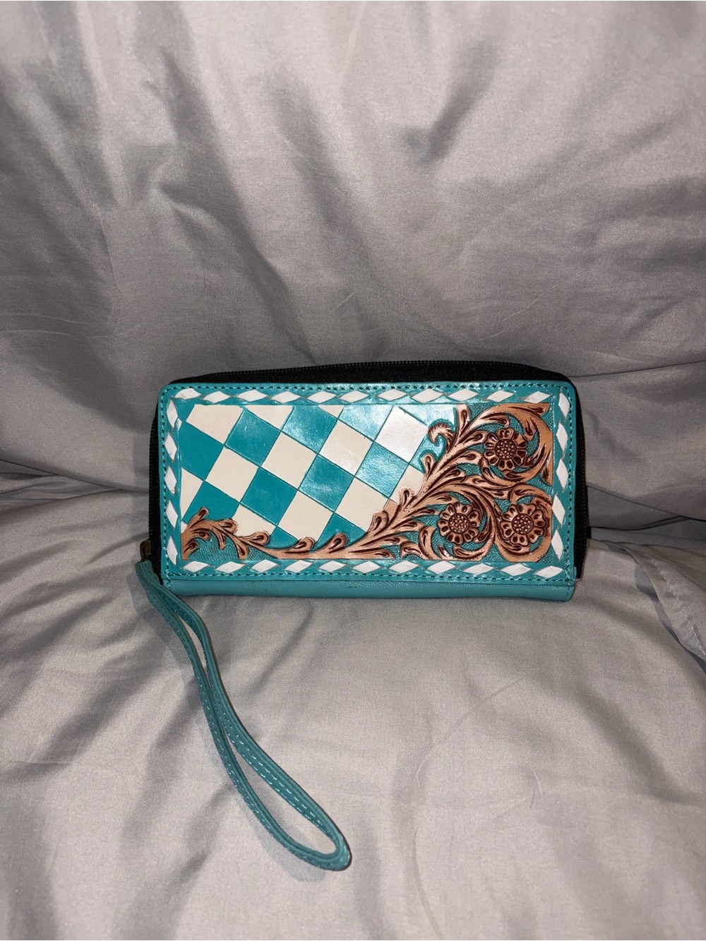Teal Checkered Floral Wristlet Wallet - Womens